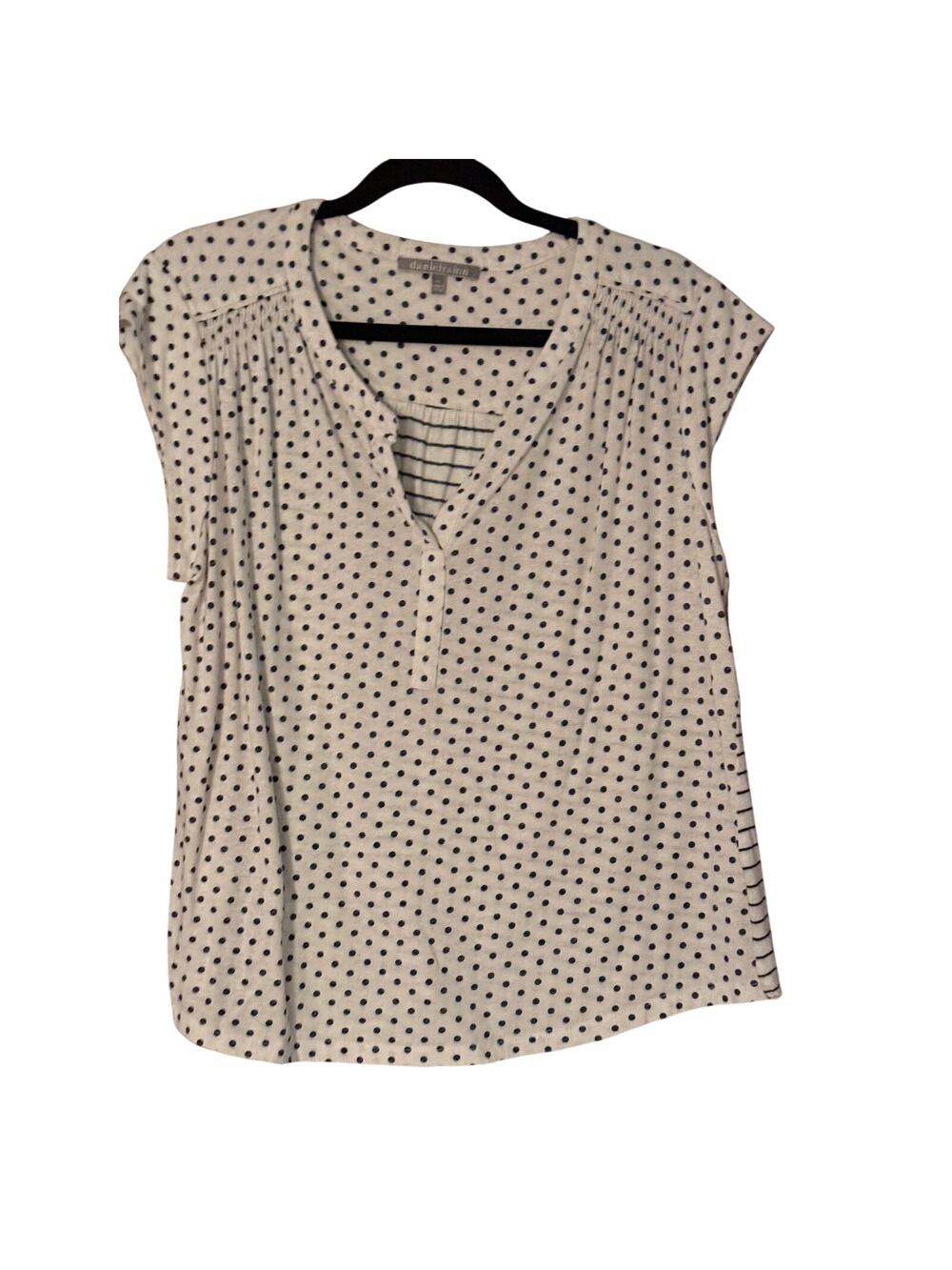 Daniel Rainn XL White & Navy Polka Dot Mixed Stripe Split Neck Blouse Top